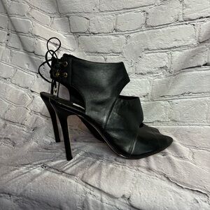 Guess Women’s Black Leather Cutout Back Ankle Tie Open Toe Stiletto Heels Sz 9.5